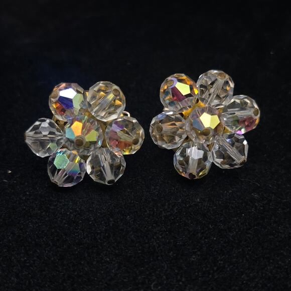 Aurora Borealis AB Glass Flower Clip On Earrings Vintage Jewelry - Picture 6 of 6